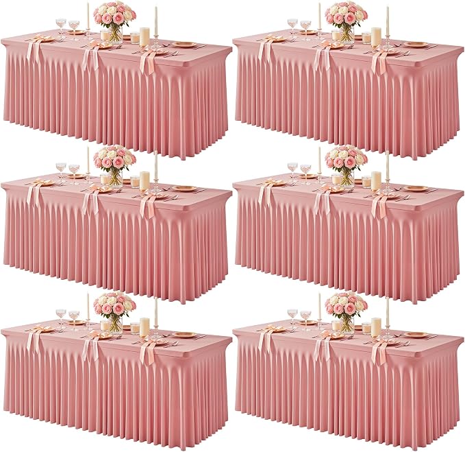 6 Packs Dusty Rose Spandex Tableclothes for 8 Foot Rectangle Tables, Wrinkle Free 8ft Fitted Table Cover Stretch Table Cloth Desk Skirt for Weddings Baby Shower Birthday Party Banquet Decorations