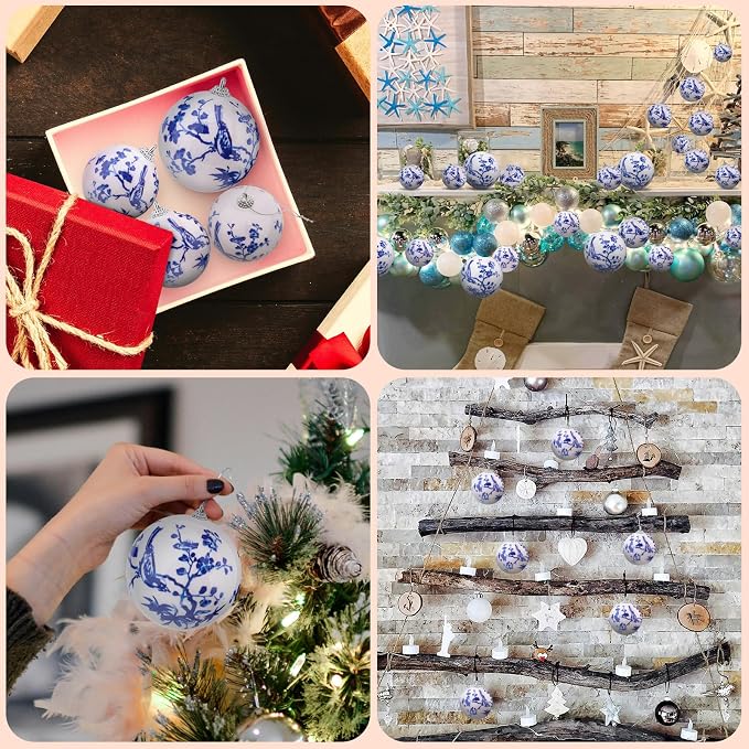 10 Pcs Chinoiserie Ornaments Ball White Blue Hanging Christmas Plastics Ball Decoration DIY Party Xmas Tree House Holiday Wedding Party Garden Baubles Decor