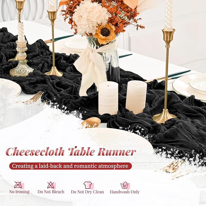 Pesonlook 12 Pack Black Cheesecloth Table Runner, 10FT Cheesecloth Rustic Boho Table Runner Long Romantic Semi Sheer Table Runner for Wedding Birthday Bridal Shower Party Decorations(21.5×120 Inch)