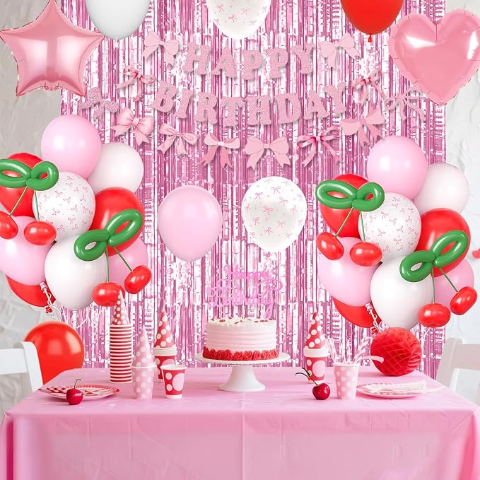 Cherry Birthday Decorations for Girl, Pink White Red Bows Balloons with 'HAPPY BIRTHDAY' Banner Fringe Curtains Heart Foil Balloons Cake Topper for Women Girls Birthday Party Decor