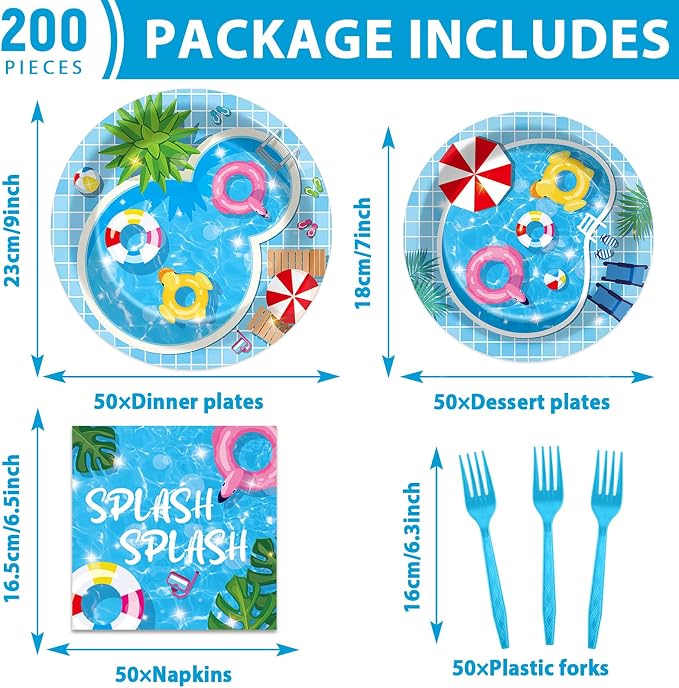 gisgfim 50 Guests Pool Party Supplies Summer Beach Plates and Napkins Forks Summer Pool Tableware Beach Ball Paper Disposable Plates for Splish Splash Birthday Baby Shower Party 200PCS