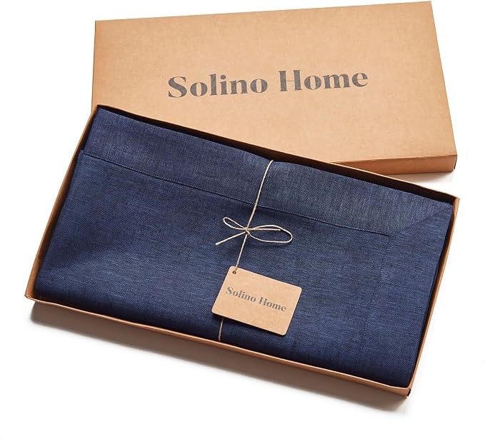 Solino Home Linen Tablecloth 60 x 90 Inch - 100% Pure Linen Chambray Navy Table Cloth for Rectangle Tables - Athena, Machine Washable Tablecloth for Summer