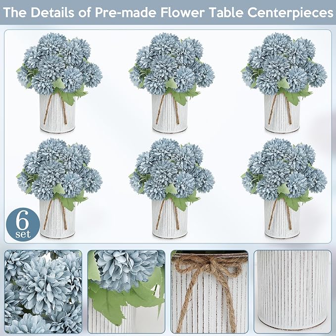 Pre-Made Flower Table Centerpieces, Set of 6 Artificial Silk Chrysanthemum with Farmhouse Metal Vases for Wedding, Birthday Parties, Home, Dining Table Decorations - Dusty Blue