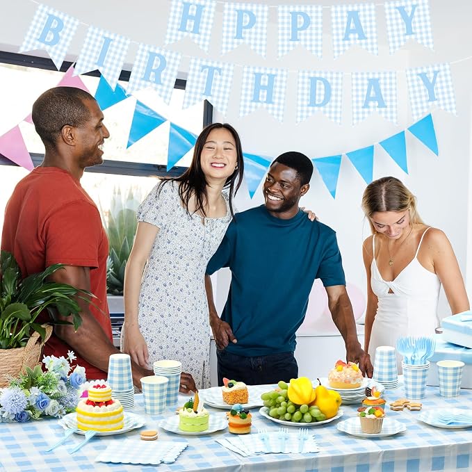 LemonRoad 128 Pcs Blue and White Birthday Party Decoration for 25 Guests, Gingham Checkered Light Blue Birthday Paper Plates Napkins Cups Tablecloth Forks Banner for Birthdays Picnic Party Supplies