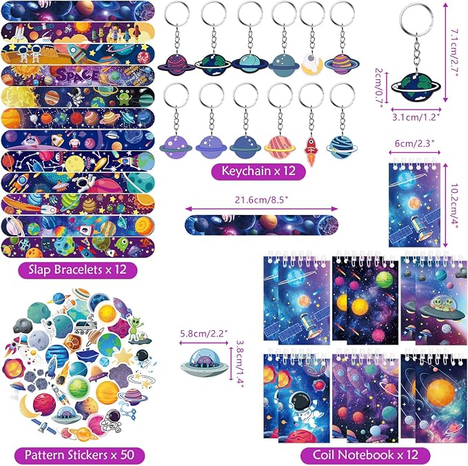 Space Party Favors, Space Themed Birthday Supplies, Including Gift Bag, Stickers, Silicone Wristbands, Badge, Notebook, Keychain, for Kids Birthday Goodie Bag Fillers Class Prizes