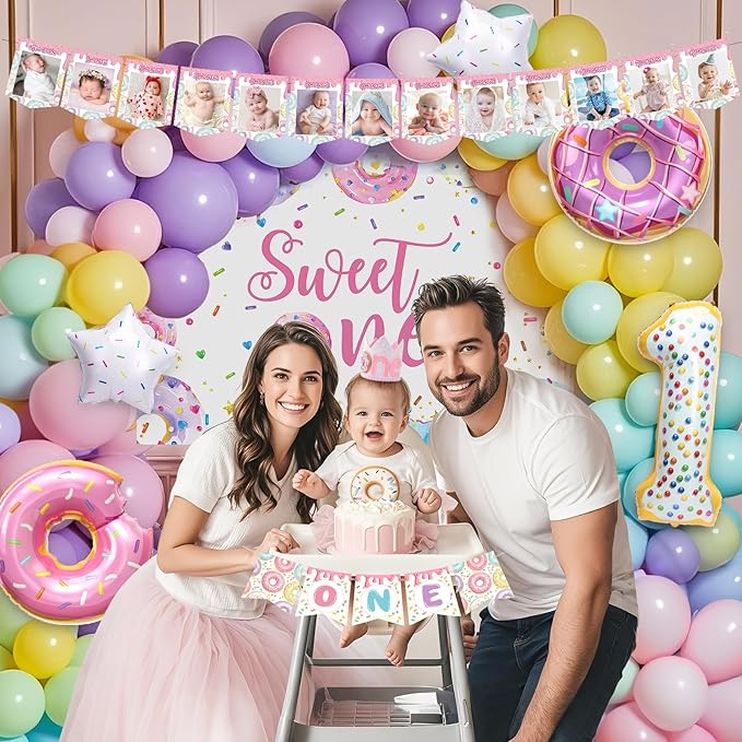 SNLN Sweet One Birthday Party Decorations, First Birthday Decorations for Girl, Balloon Box Photo Banner Donut Foil Balloon Arch Backdrop Highchair Banner Crown, One Year Old 1st Party Supplies