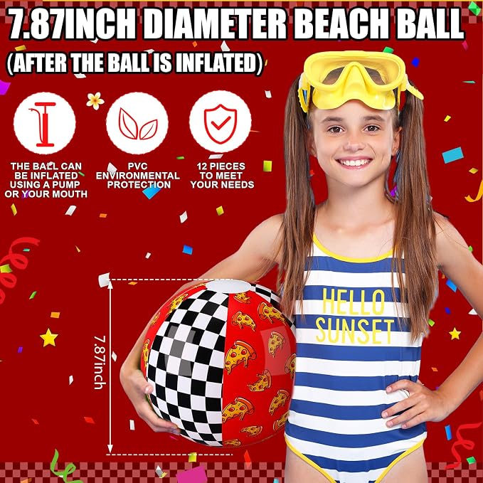 Leyndo 12 Pcs Inflatable Beach Balls Bulk for Kids 7.9" Checkered Pizza Pool Ball for Summer Pool and Beach Game Gifts Spooky Birthday Party Supplies Class Party Decorations Favor