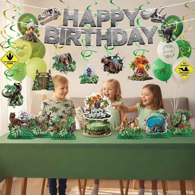 Dinosaur Birthday Decorations Dino World Party Decorations Tableware Set Include Dinosaur Balloons, Cake Topper, Hanging Swirls, Honeycomb, Banner Dino Party Supplies for Boys Kids Birthday Decor