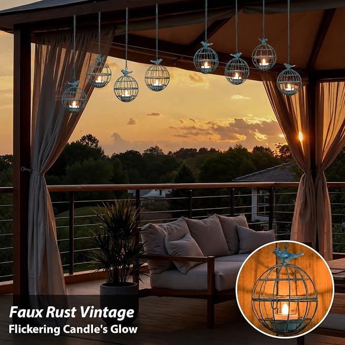 Outdoor Solar Hanging Lantern Lights, 4 Pack Rustic Ball Birdcage Hanging Candle Holder with Solar Tea Lights, Waterproof Chandelier for Tree, Pergola, Patio Decor (Vintage Blue)
