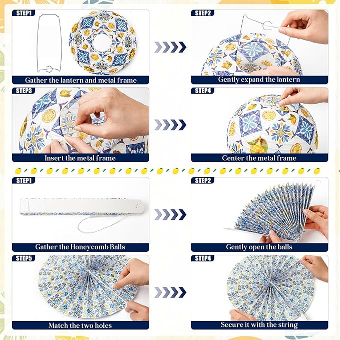 Baquler 24 Pcs Capri Lemon Party Decorations, 12 Paper Lanterns and 12 Hanging Fans, Amalfi Coast Mediterranean Blue Yellow Lemon Decor for Birthday, Bridal Shower, Baby Shower, Wedding, Summer Party