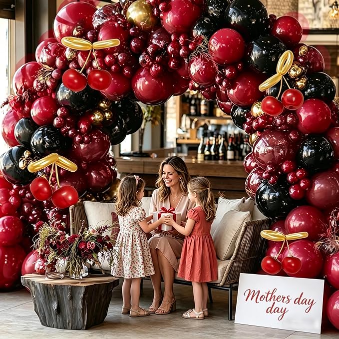 Burgundy Black Balloon Arch Double Stuffed Dark Ruby Red Gold Maroon Black Balloon Garland Kit for Birthday Wedding Bridal Shower Mothers Day Graduation Engagement Cherry Anniversary Party Decor