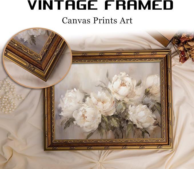 Vintage Gold Framed Vintage Flower Wall Art Retro White Floral Wall Decor Retro Peony Artwork Picture for Home Living Bedroom Farmhouse Hallway