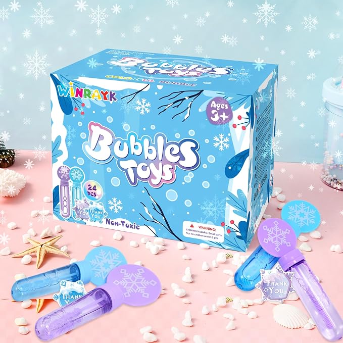 Winrayk 24 Large Snowflake Bubble Wands with Gift Card, Frozen Party Favors for Kids Bubbles Bulk, Winter Christmas Birthday Gift Pinata Filler Goodie Bag Stuffer Boys Girls Valentines Classroom Prize