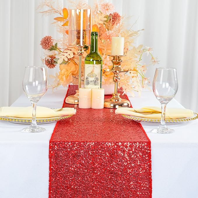 ShinyBeauty Red Table Runners 108 Inches Long Sequin Table Runner Christmas Decorations Sparkletable Linen for Wedding, Party,Outdoor,Cake Table Decor (12"X108",20 Packs)