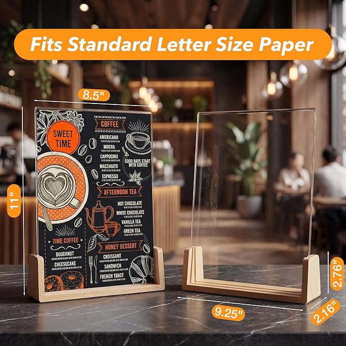 U-Shaped Acrylic Sign Holder 8.5 x 11 with Wood Base, Clear Double-Sided Flyer Stands for Display Menu, Flyer, Poster, Certificate, Photo, Restaurant, Office, and Home (1pk)
