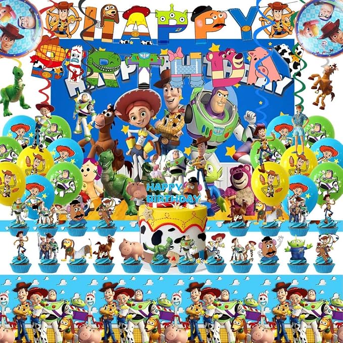 48PCS Toy Story Birthday Party Supplies Set, Including Happy Birthday Banner, Backdrop, Swirl Decorations, Balloons, Cake Topper, Cupcake Toppers, Tablecloth