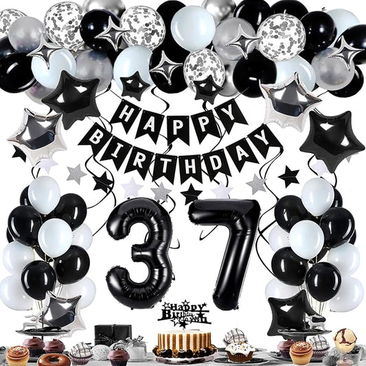 37th Birthday Decorations for Men Women, Black White and Silver Happy 37 Party Decor Set with 37 Number Foil Balloons, Banner, Cake Topper for Him Her