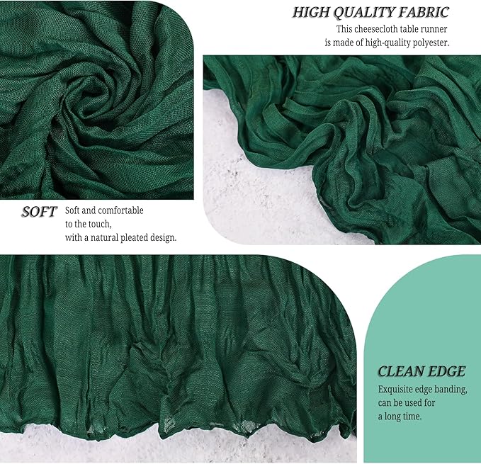 12 Pack Emerald Green Cheesecloth Table Runner 120 inch Fall Thanksgiving Boho Rustic Gauze Farmhouse 10FT Cheese Cloth Runner for Baby Shower Wedding Party Holiday Home Decor