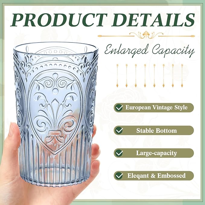 Plastic Vintage Drinking Glasses - 16 oz Stemless Ribbed Highball Glasses Bulk Embossed Reusable Cups for Water Beer Cocktails Juice Wedding Bridal Shower Birthday Event Party(Blue,100 Pcs)