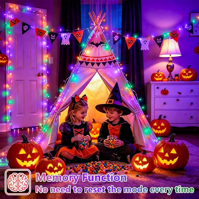YEGUO Battery Operated Halloween Lights, 2 Pack Each 33ft 100 LED Orange Purple and Green String Lights Outdoor Waterproof, 8 Modes Clear Wire Christmas Twinkle Lights Indoor with Remote