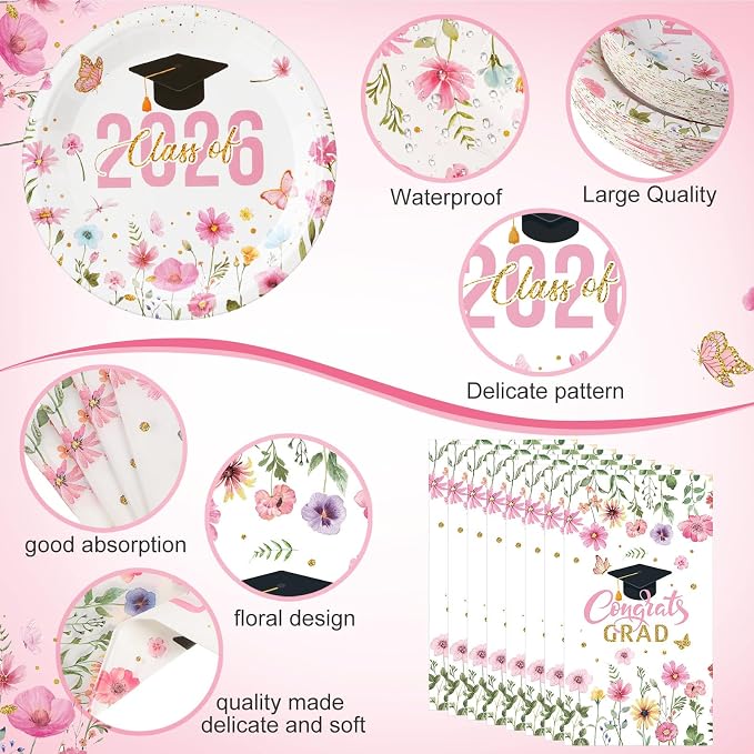 400 Pcs Class of 2026 Pink Floral Graduation Decoration for 50, Pink Gold Flower Graduation Paper Plates Napkins Cups Cutlery Congrats Grad Party Supply for Freshly Graduated Decoration
