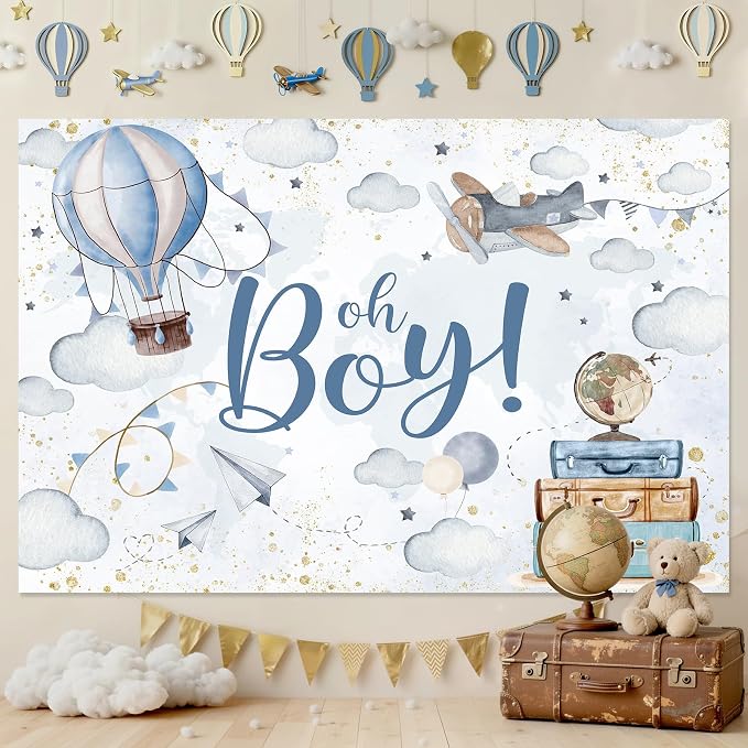 Lofaris 10x7ft Oh Boy Baby Shower Backdrop for Kids Boy Party Decoration Cloud Hot Balloon Adventure Begins Travel Around The World Airplane Up Up and Away Photography Background Banner Photo Booth
