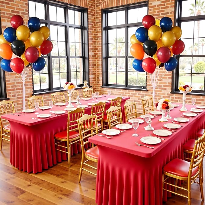 4 pk Red Spandex Tablecloth 6ft with Ruffle Skirt,Wrinkle Free High Stretchy Fitted Tablecloths for 6 Foot Rectangle Tables,Pleated Spandex Table Covers 6ft for Christmas Parties Banquet Weddings