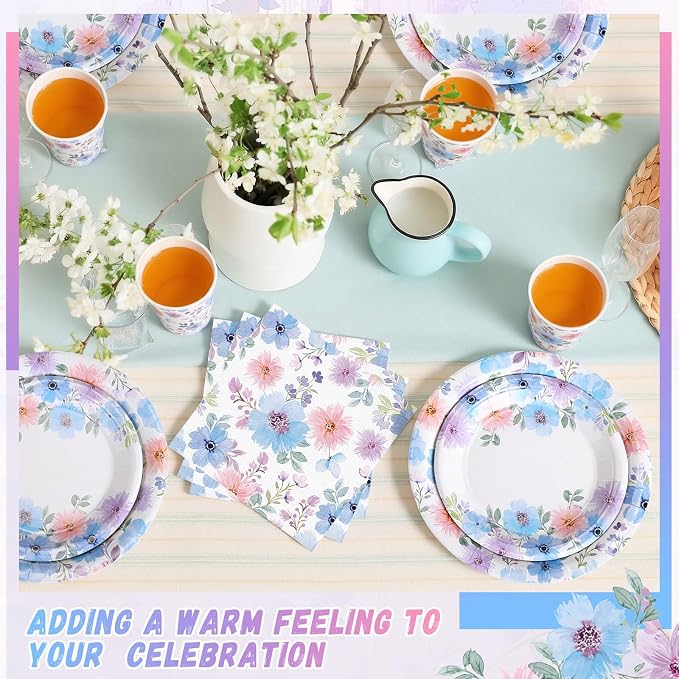 Ziliny 250 Pcs Spring Flower Party Decorations Include Watercolor Floral Paper Plates Napkins and Cups for Summer Wedding Baby Shower Tea Decorations, Serve 50 Guest