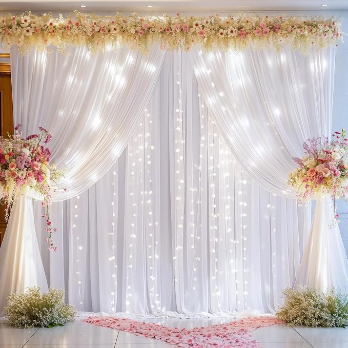 White Backdrop Curtains with Lights for Parties,10x10FT Wrinkle Free Wedding Photo Backdrop Curatin Drapes Fabric for Baby Shower Birthday Ceremony Reception Home Party Decorations-5ft x 10ft,2 Panels