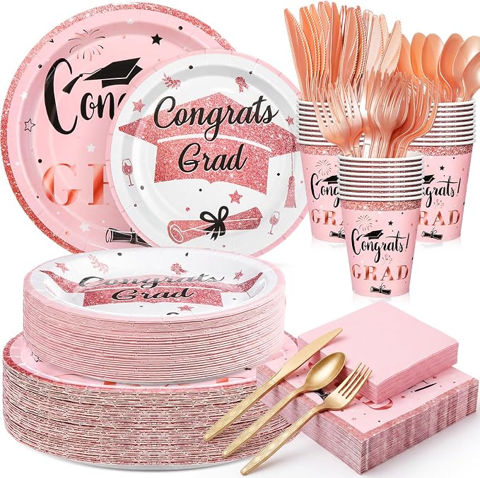 Domensi 400 Pcs 2026 Graduation Decorations Plates and Napkins and Cups Set Serve 50, Pink and Gold Graduation Party Supplies, Class of 2026 Paper Tableware 9oz Cup Knife Fork Spoon Congrats Grad