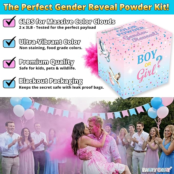 Gender Reveal Powder – 6 lbs, Blackout Bags, Vibrant Pink & Blue Powder for Tire Burnout Color, Exhaust Smoke & Shooting Targets. Baby Boy or Girl Party Kit, 2 x 3LB + Gender Reveal Idea Guide