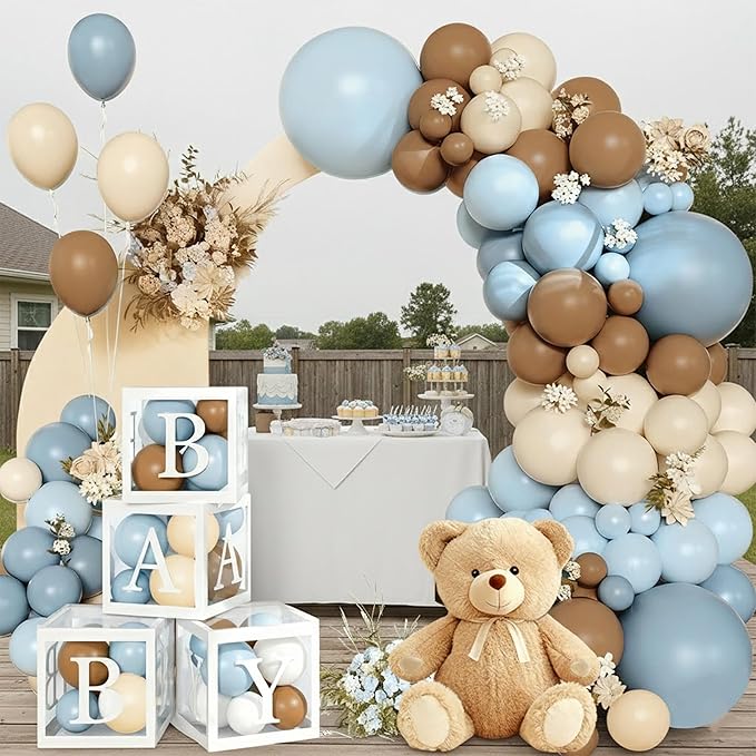 144Pcs Teddy Bear Baby Shower Decorations for Boy - We Can Bearly Wait Party Supplies - Blue Brown Balloon Garland Arch Kit with 4 Baby Boxes for Gender Reveal Backdrop, 1st Birthday
