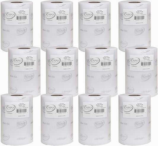 Expo International Decorative Matte Tulle, Roll/Spool of 6” X 100 Yards, Lightweight Polyester Tulle Fabric for Tutus, Costumes, and Party Decorations, Washable, Easy-to-Use, Pack of 12, White
