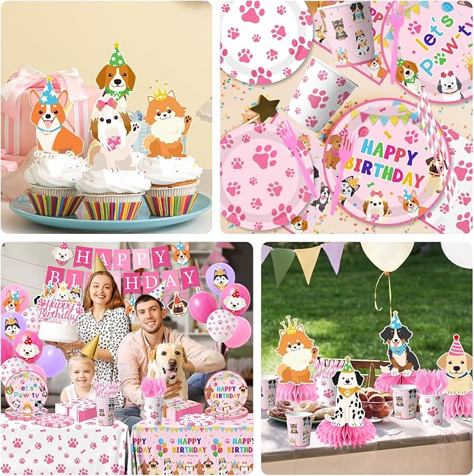 Dog Birthday Party Decorations Include Lets Pawty Plates Napkins Pink Puppy Tablecloth Banner Balloons Cupcake Toppers Tableware Set for Girls Puppy Birthday, Dog Party Decorations Serves 24