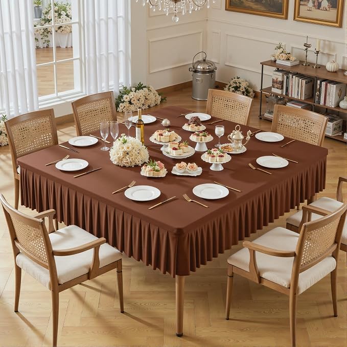 Wish Care Brown Spandex Tablecloths for 54x54 Inch Square Tables, Stretch Fitted Table Clothes with Pleated Ruffle Skirt for 54” Table, Wrinkle Free and Elastic, for Party Kitchen Home Dining
