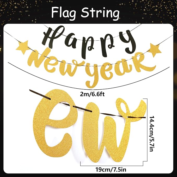 SUNBEAUTY New Years Eve Party Supplies 2026, Happy New Year Decorations Black Gold Hanging Paper Fans Tissue Pom Poms Happy New Year Banner for 2026 New Year Party Favor Supplies Decorations