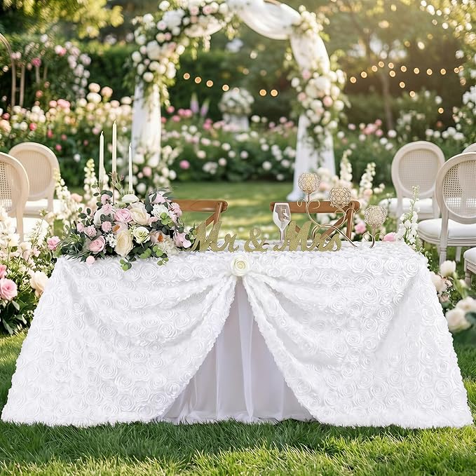 Fanqisi White Tablecloth 50x102 Inches Rosette Wedding Tablecloth Party Table Decor Rectangle Satin Floral Table Cover for Baby Shower Decorations