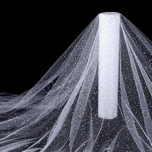 Hosuly 54" x 25 Yards Glitter Tulle Fabric Rolls Netting for DIY Craft Handmade Princess Dress Cape and Wedding Party Backdrop Decoration (White, Sequin)