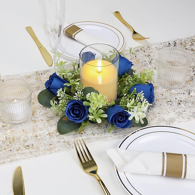 6 Sets Artificial Roses Candle Rings - Roses Floral Rings Wreaths with LED Candles Eucalyptus for Centerpieces Table Cabinets Front Doors Wedding Home Party Decor - Royal Blue
