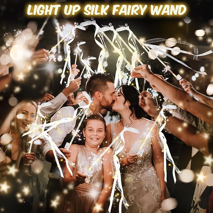 HONLYNE 28PCS Light up Wands for wedding, Wedding Wands Streamers with 3 Colorful Flashing Modes, Fairy Wands, LED Silk Fairy Wand with Bells for Wedding, New Year, Thanksgiving, Concert