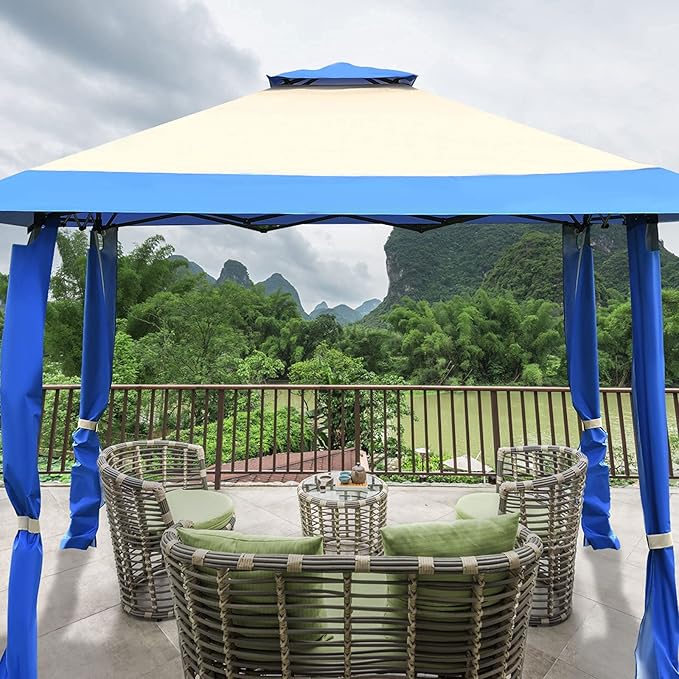 Tangkula 13 x13Ft Pop-Up Gazebo, Outdoor Canopy Shelter Tent w/ 2-Tier Roof, Corner Curtains & 3 Adjustable Heights, Patio Gazebo with 169 Sq.Ft of Shade for Yard, Patio, Beach & Park (Blue)