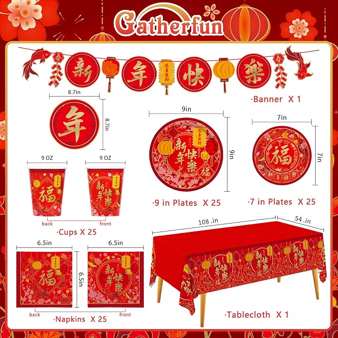Chinese New Year Party Supplies Kit : Happy New Year Design Decorations Set with Disposable Plates, Napkins, Cups, Tablecloth, and Festive Banner - for Lunar New Year Celebrations Serves 25.
