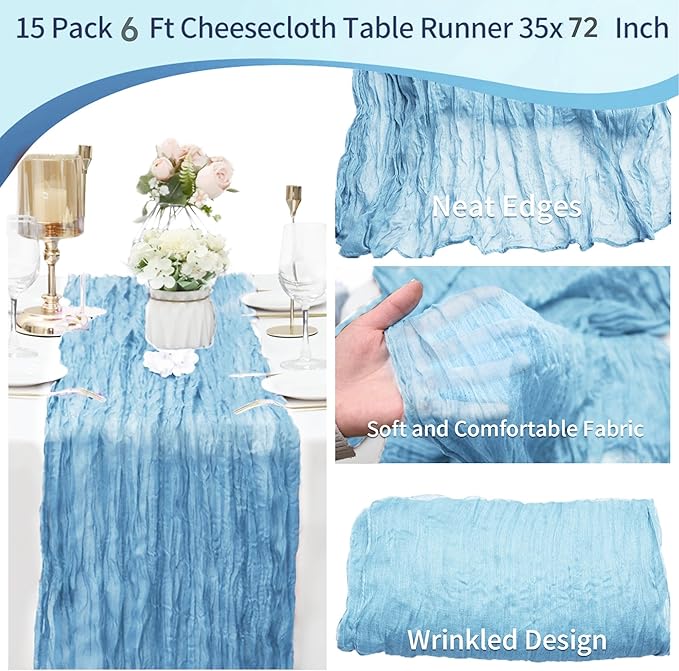 15 Pack Cheesecloth Table Runner Baby Blue 6FT Boho Table Runner 35x72 Inch Gauze Cheese Cloth Table Runners for Rustic Wedding Birthday Party Bridal Baby Shower Engagement Holiday Banquet Table Decor