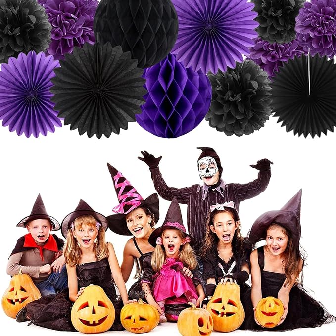 Purple Black Happy-Halloween Party Decorations - 13PCS Spider Web Bats Streamers Banner ,Paper Flowers Lanterns Tissue Pom Poms Fans, Classroom Birthday Bachelorette Hanging Supplies Decor Hugfond