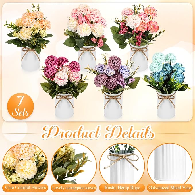 Wavwavw 6 Sets Flower Centerpieces for Tables Decor Artificial Hydrangeas with Vase and Hemp Rope Floral Arrangement Faux Flowers Fake Hydrangea Bouquets for Table Wedding Home Office Party