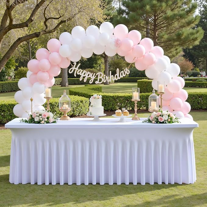 4 pk White Spandex Table Cloth Rectangle 8ft with Ruffle Skirt,Wrinkle Free High-Stretch Fitted Tablecloths for 8 Foot Rectangle Tables,Elastic Spandex Table Covers 8 ft for Parties Weddings Banquet