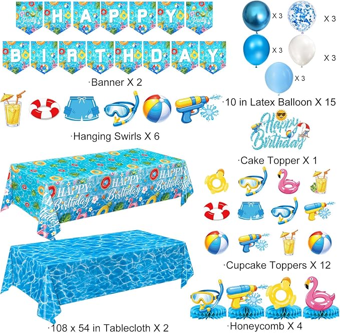 Pool Birthday Party Decorations - Plates, Napkins, Cups, Cutlery, Honeycomb Centerpieces, Banner, Hanging Swirls, Tablecloths, Toppers, Balloons for Hawaii Summer Pool Party Decorations, Serves 20