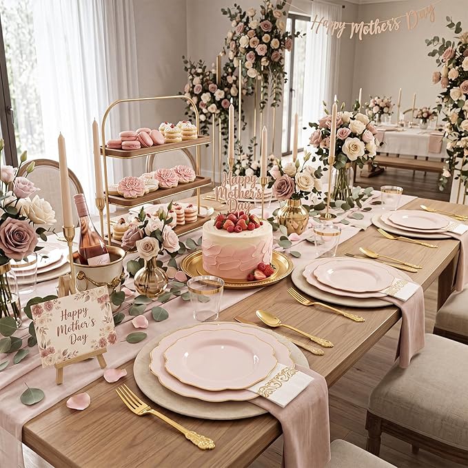 NOCCUR 175PCS Pink Plates with Gold Disposable Silverware - Include 50 Pink Plastic Plates,25 Knives,25 Forks,25 Spoons,25 Cups and 25 Napkins - Ideal for Party/Wedding/Mother's Day