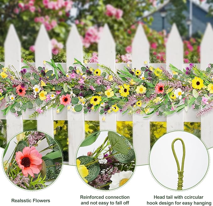3pcs 6 ft Artificial Wildflower Garlands Wisteria Lavender Garland Daisy and Lavender Faux Floral Vine Summer Spring Floral Fake Garland All Year Round Home Decor for Indoor Outdoor Wedding Arch