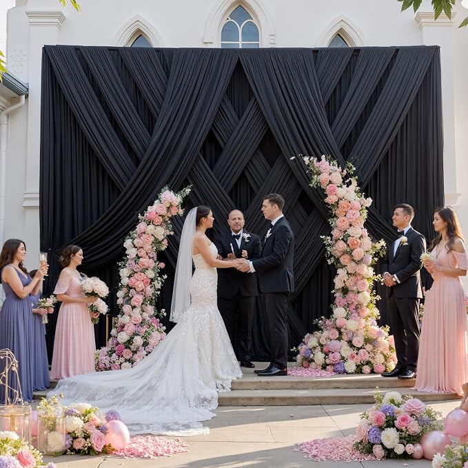 60ft x 12ft Wrinkle Free Black Backdrop Curtains for Parties, 12 Panels 12FT Long Silky Polyester Photo Backdrop Drapes Back Drop Cloth for Wedding Birthday Photography Background Decor
